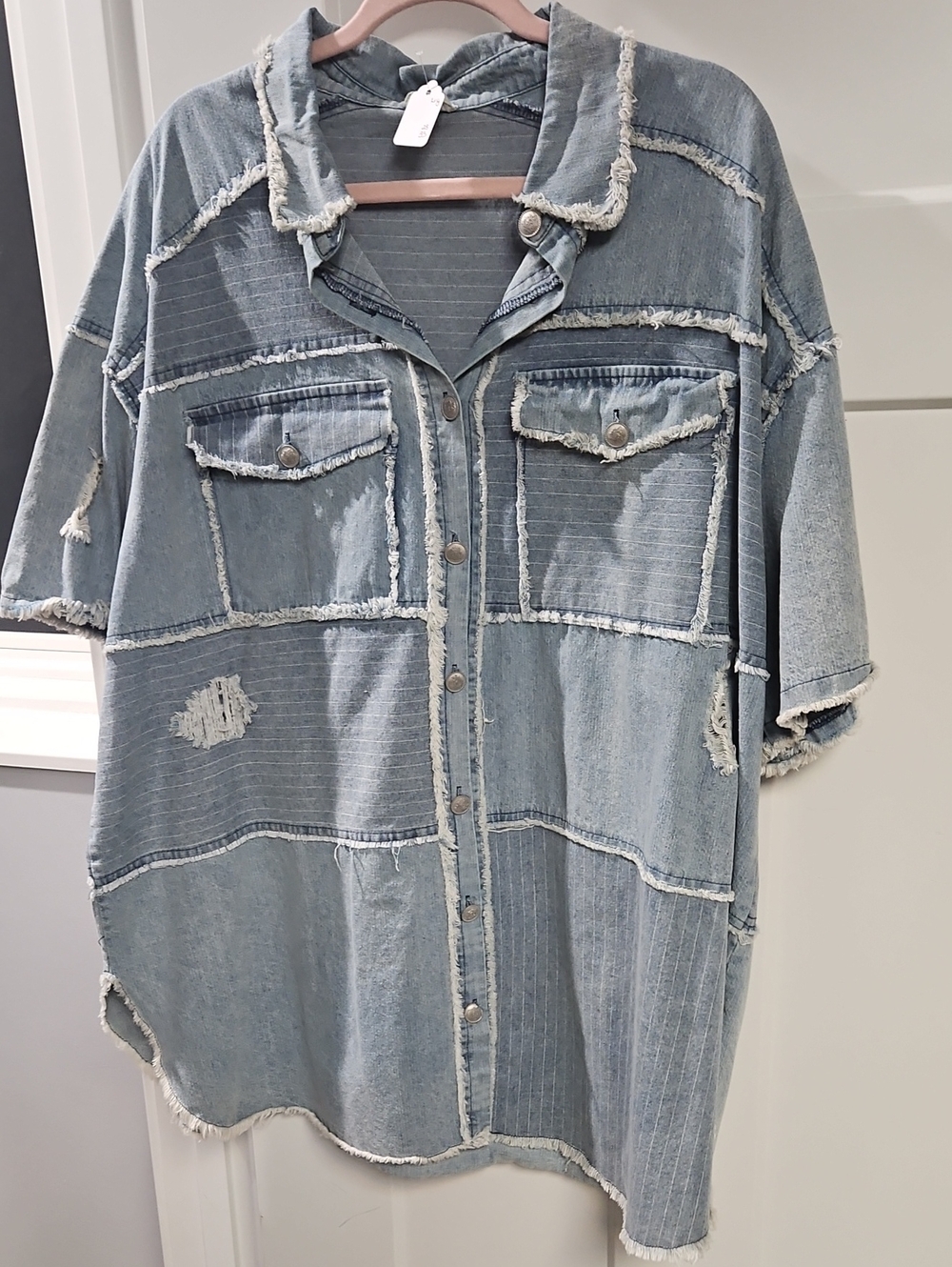 POL Light Blue Distressed Denim Button-Down Shirt Oversized